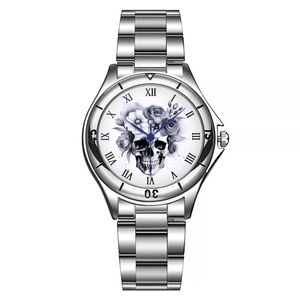 Silver Watch with Skull and Floral Design